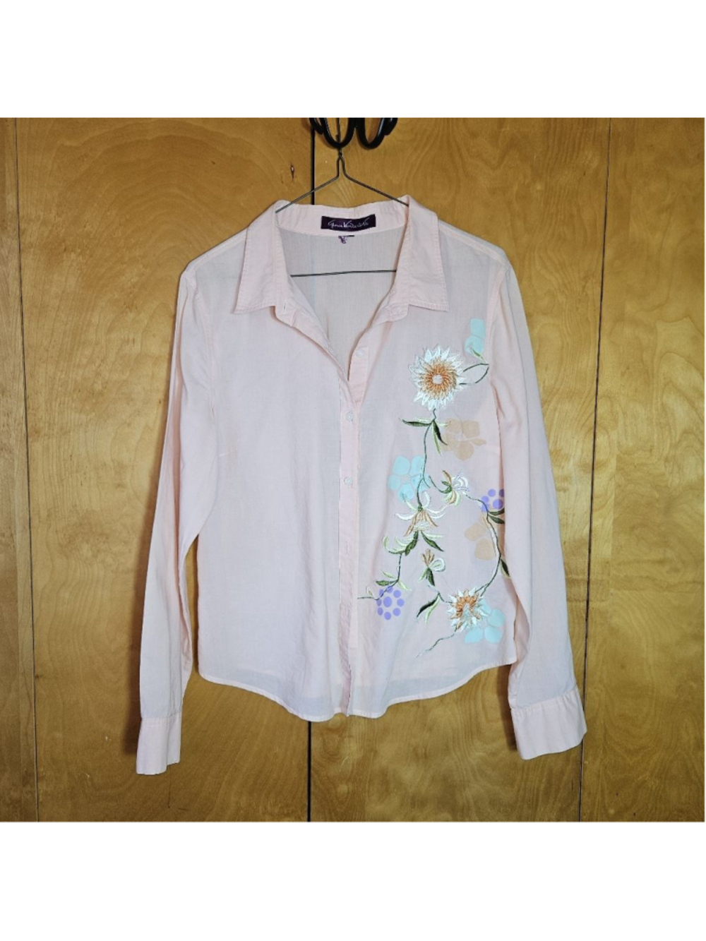 Vintage Gloria Vanderbilt Pink Peach Floral Embroidered Button Down Shirt L